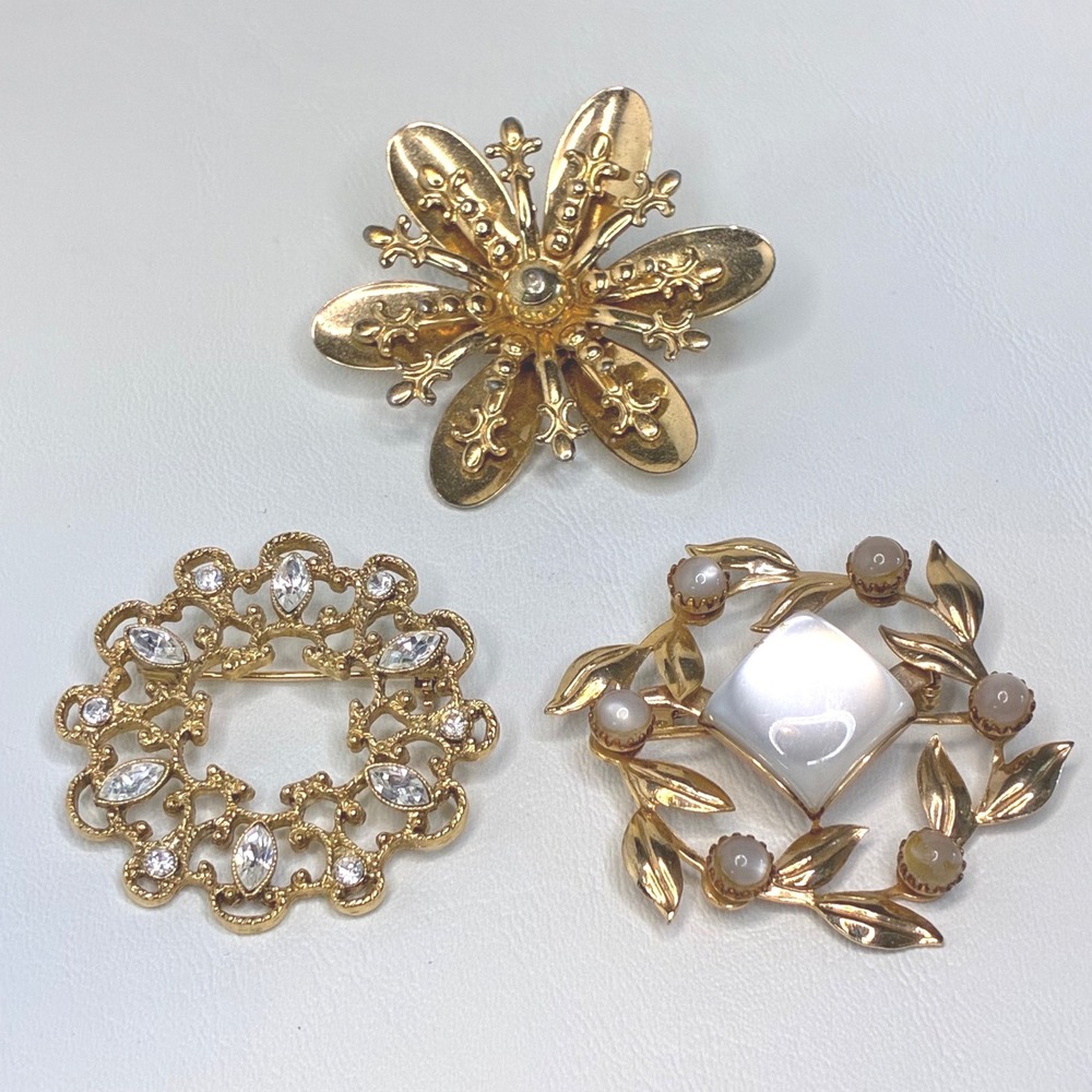 Vintage Brooch Lot 1928 Jewelry Moonglow Crystal Gold Tone Floral Pins 3pc
